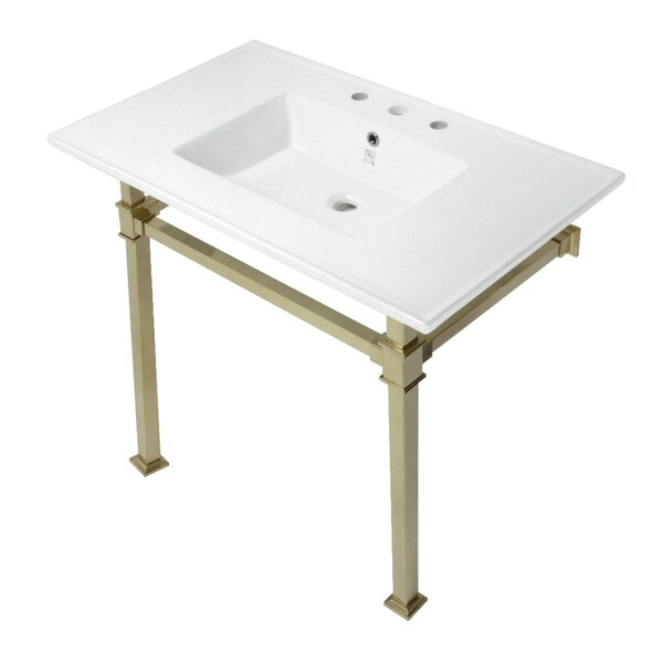 Kingston Brass KVPB37228Q7 37-Inch Console Sink with Stainless Steel Legs (8-Inch, 3 Hole), White/Brushed Brass KVPB37228Q7 - main
